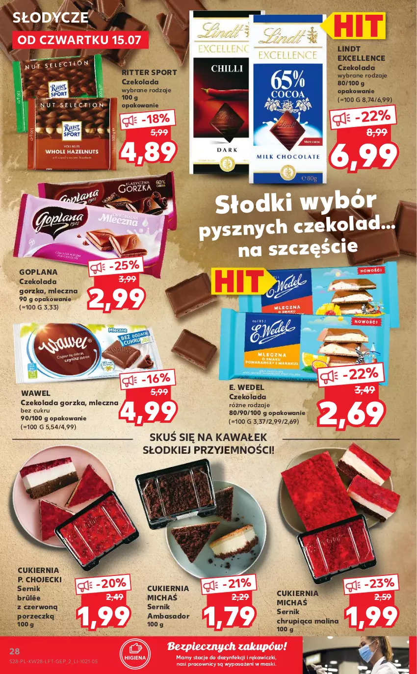 Gazetka promocyjna Kaufland - OFERTA TYGODNIA - ważna 15.07 do 21.07.2021 - strona 28 - produkty: Cukier, Czekolada, Czekolada gorzka, E. Wedel, Goplana, Kawa, LANA, Lindt, Piec, Por, Ritter Sport, Ser, Sport, Tera, Wałek, Wawel