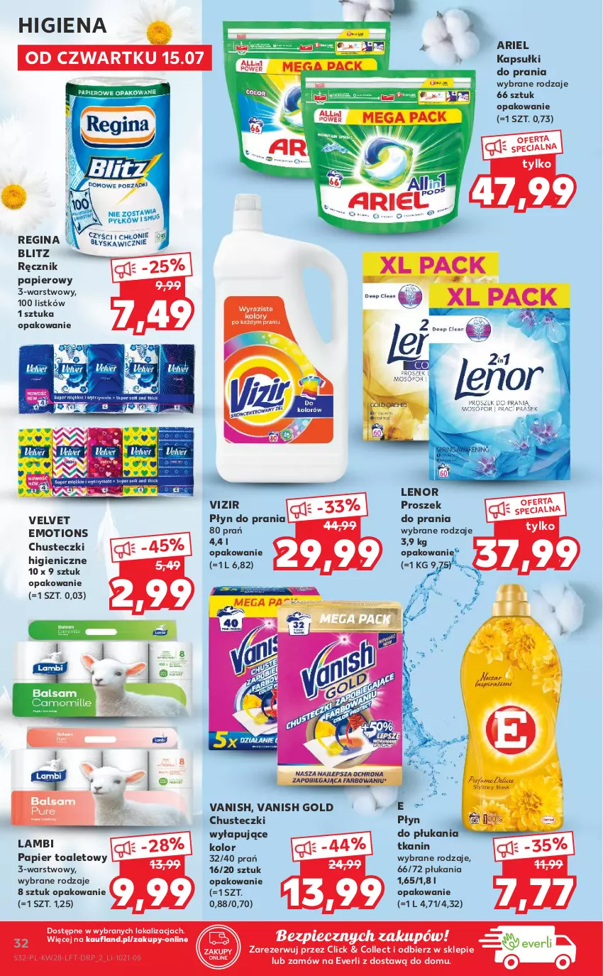 Gazetka promocyjna Kaufland - OFERTA TYGODNIA - ważna 15.07 do 21.07.2021 - strona 32 - produkty: Ariel, Chusteczki, Gin, Kapsułki do prania, Lenor, Papier, Papier toaletowy, Piec, Płyn do płukania, Płyn do prania, Proszek do prania, Ręcznik, Vanish, Vanish Gold, Velvet, Vizir