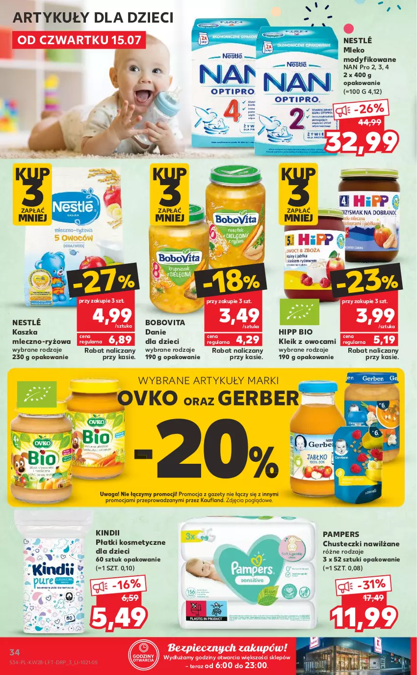 Gazetka promocyjna Kaufland - OFERTA TYGODNIA - ważna 15.07 do 21.07.2021 - strona 34 - produkty: BoboVita, Chusteczki, Danie dla dzieci, Dzieci, Gerber, HiPP, Kindii, Mleko, Mleko modyfikowane, Nestlé, Pampers, Piec, Płatki kosmetyczne, Ryż, Tera, Waga