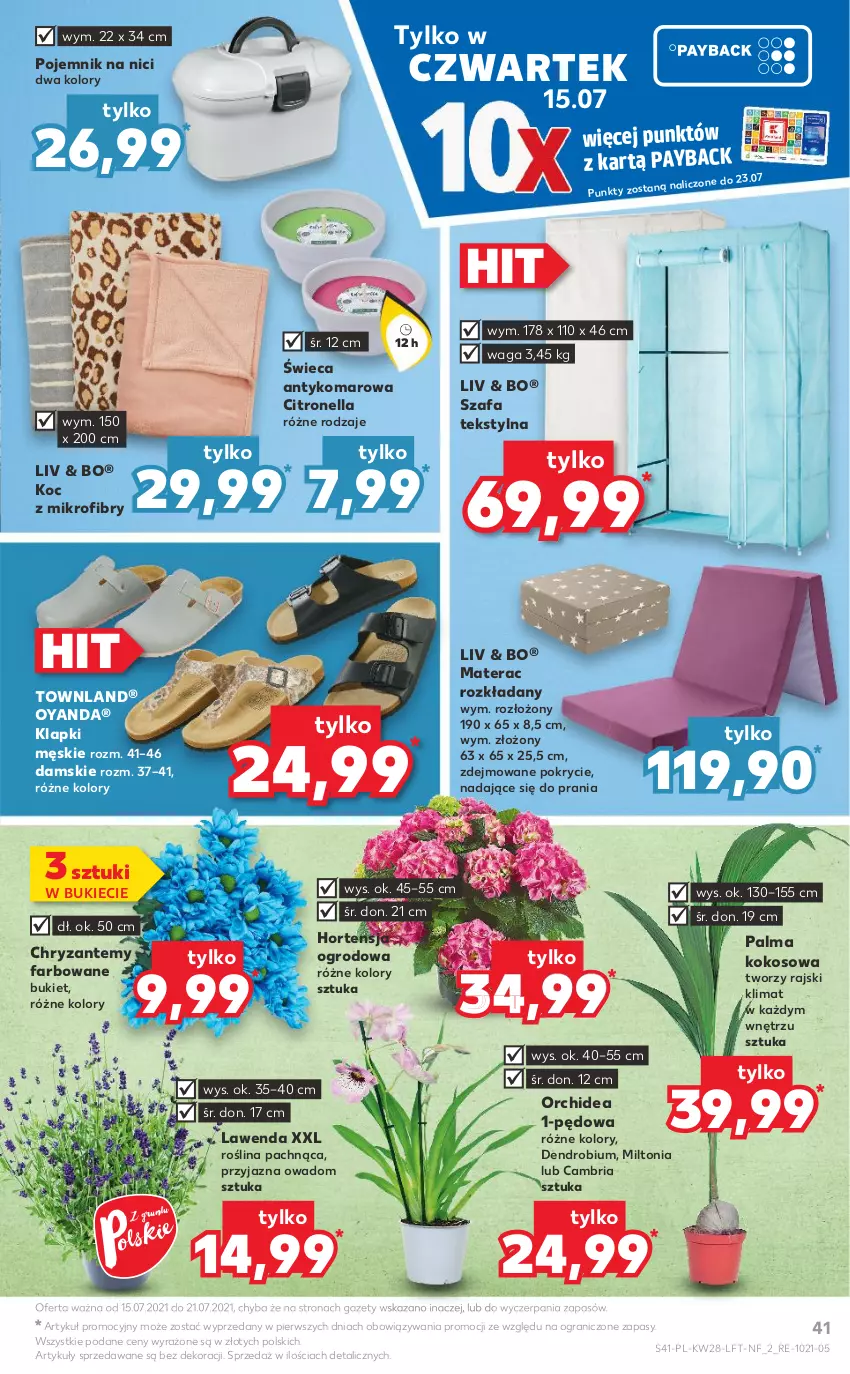 Gazetka promocyjna Kaufland - OFERTA TYGODNIA - ważna 15.07 do 21.07.2021 - strona 41 - produkty: Bukiet, Fa, Gra, Klapki, Koc, Kokos, Materac, Palma, Pojemnik, Szafa, Tera, Waga