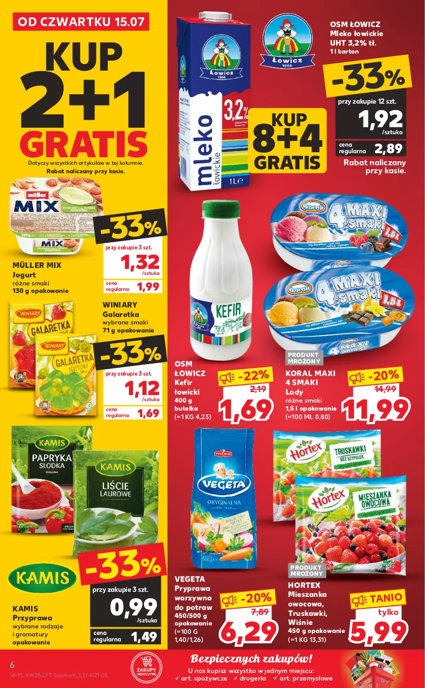 Gazetka promocyjna Kaufland - OFERTA TYGODNIA - ważna 15.07 do 21.07.2021 - strona 6 - produkty: Gala, Galaretka, Gra, Hortex, Jogurt, Kamis, Kefir, Lody, Mleko, Müller, Müller Mix, Piec, Rama, Truskawki, Vegeta, Winiary