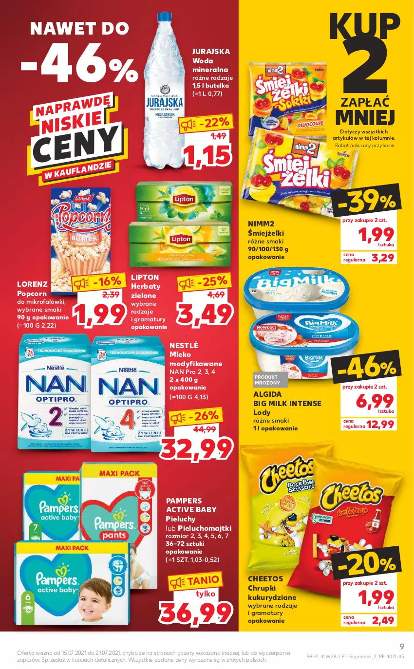 Gazetka promocyjna Kaufland - OFERTA TYGODNIA - ważna 15.07 do 21.07.2021 - strona 9 - produkty: Algida, Big Milk, Cheetos, Chrupki, Fa, Gra, LG, Lipton, Lody, Lorenz, Majtki, Mleko, Mleko modyfikowane, Nestlé, Nimm2, Pampers, Pieluchomajtki, Pieluchy, Popcorn, Rama, Woda, Woda mineralna