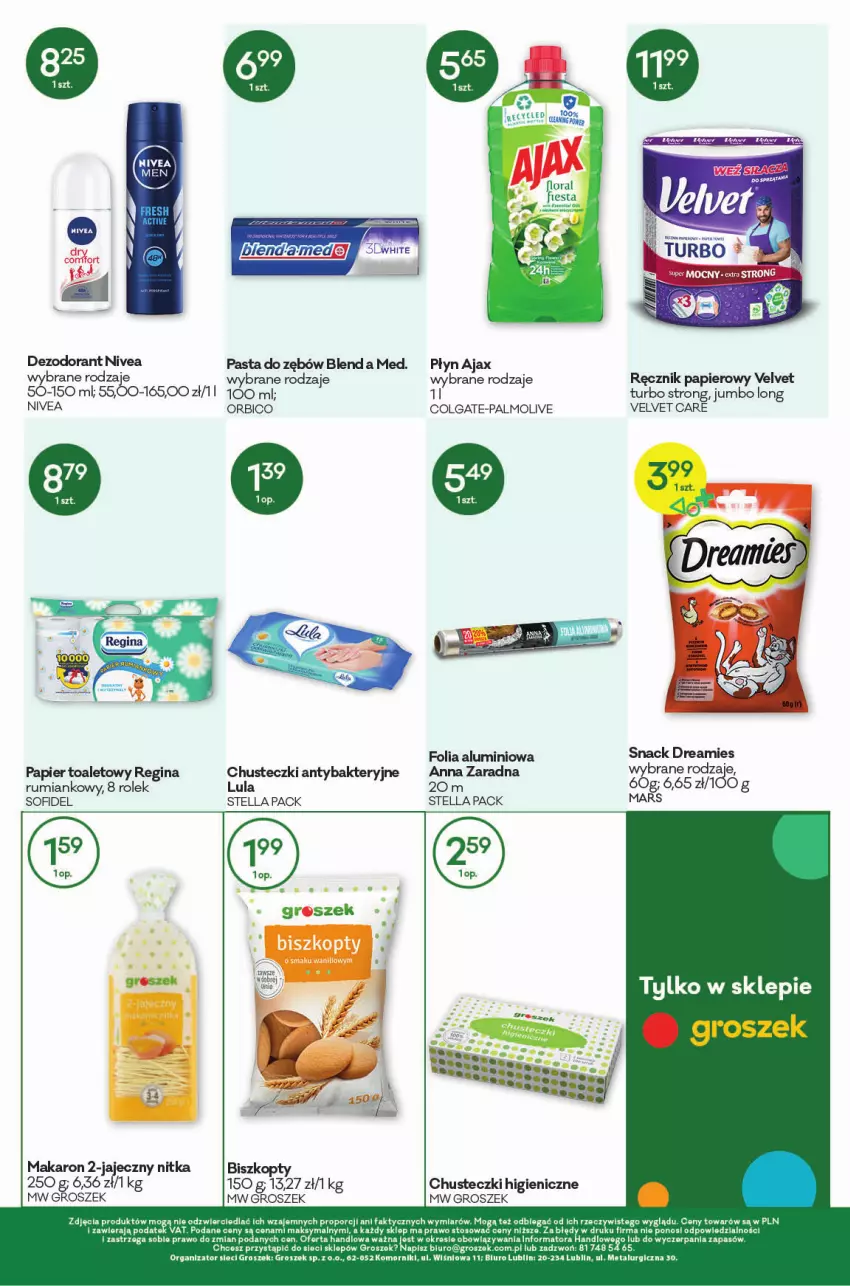 Gazetka promocyjna Groszek - Gazetka - ważna 26.08 do 07.09.2021 - strona 12 - produkty: Ajax, BIC, Biszkopty, Chusteczki, Colgate, Dezodorant, Fa, Folia aluminiowa, Gin, Groszek, LG, Makaron, Mars, Nivea, Palmolive, Papier, Papier toaletowy, Pasta do zębów, Por, Ręcznik, Rum, Velvet