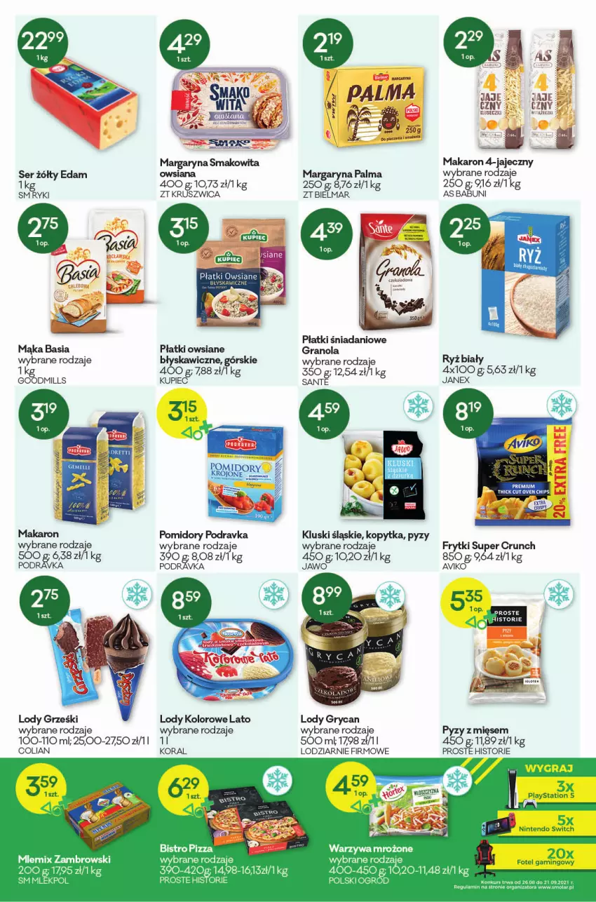 Gazetka promocyjna Groszek - Gazetka - ważna 26.08 do 07.09.2021 - strona 5 - produkty: Babuni, Basia, Danio, Edam, Fa, Fotel, Fotel gamingowy, Frytki, Gra, Granola, Gry, Kopytka, Lody, Mąka, Makaron, Margaryna, Mlemix Zambrowski, Mola, Nintendo Switch, Palma, Płatki owsiane, PlayStation, PlayStation 5, Podravka, Pomidory, Ryż, Ser, Warzywa