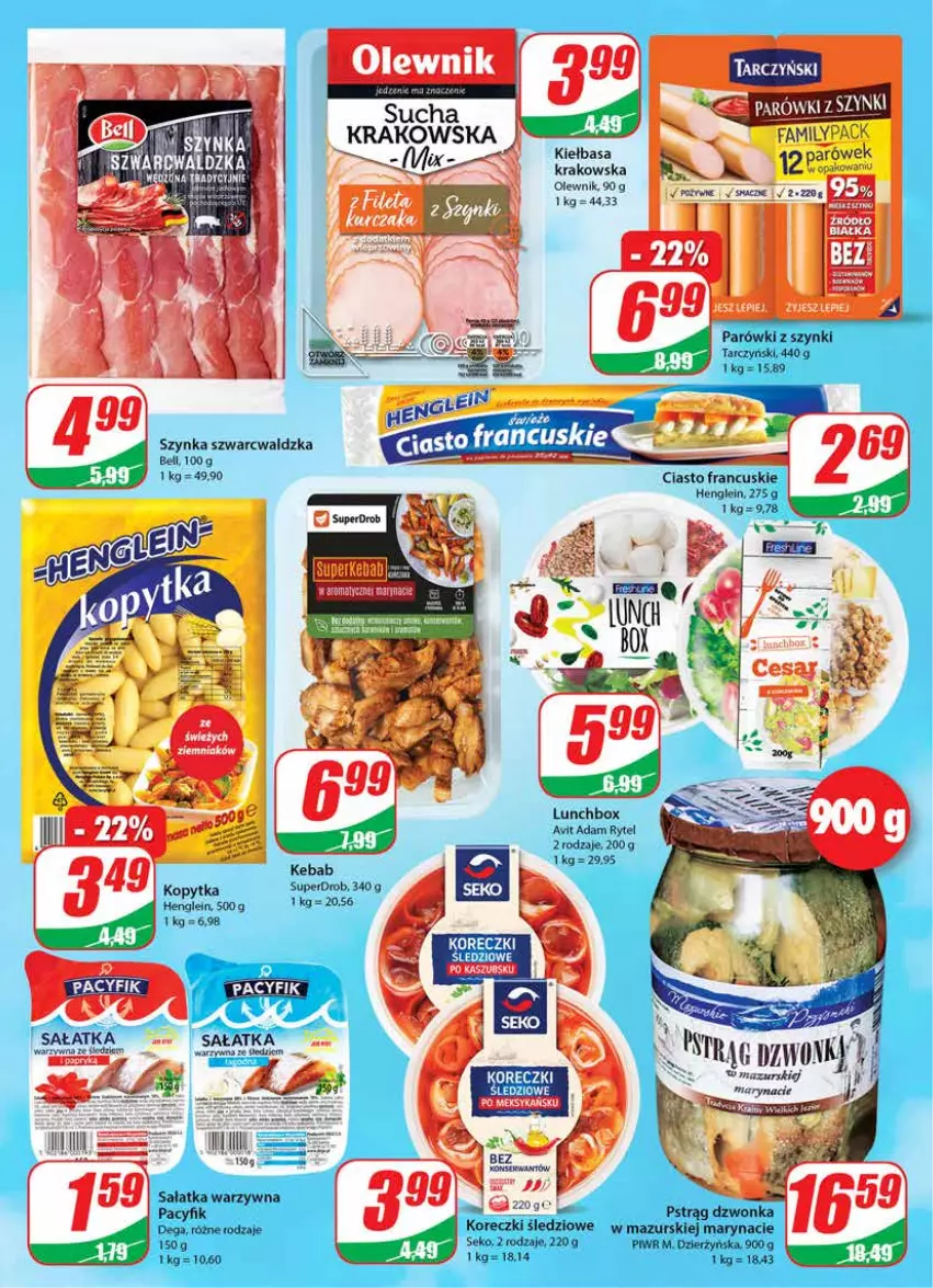 Gazetka promocyjna Dino - Gazetka - ważna 03.11 do 09.11.2021 - strona 13 - produkty: Bell, Ciasto francuskie, Dega, Kebab, Koreczki śledziowe, Olewnik, Parówki, Parówki z szynki, Pstrąg, Pstrąg dzwonka, Sałat, Sałatka, Sałatka warzywna, SEKO, Szynka, Tarczyński