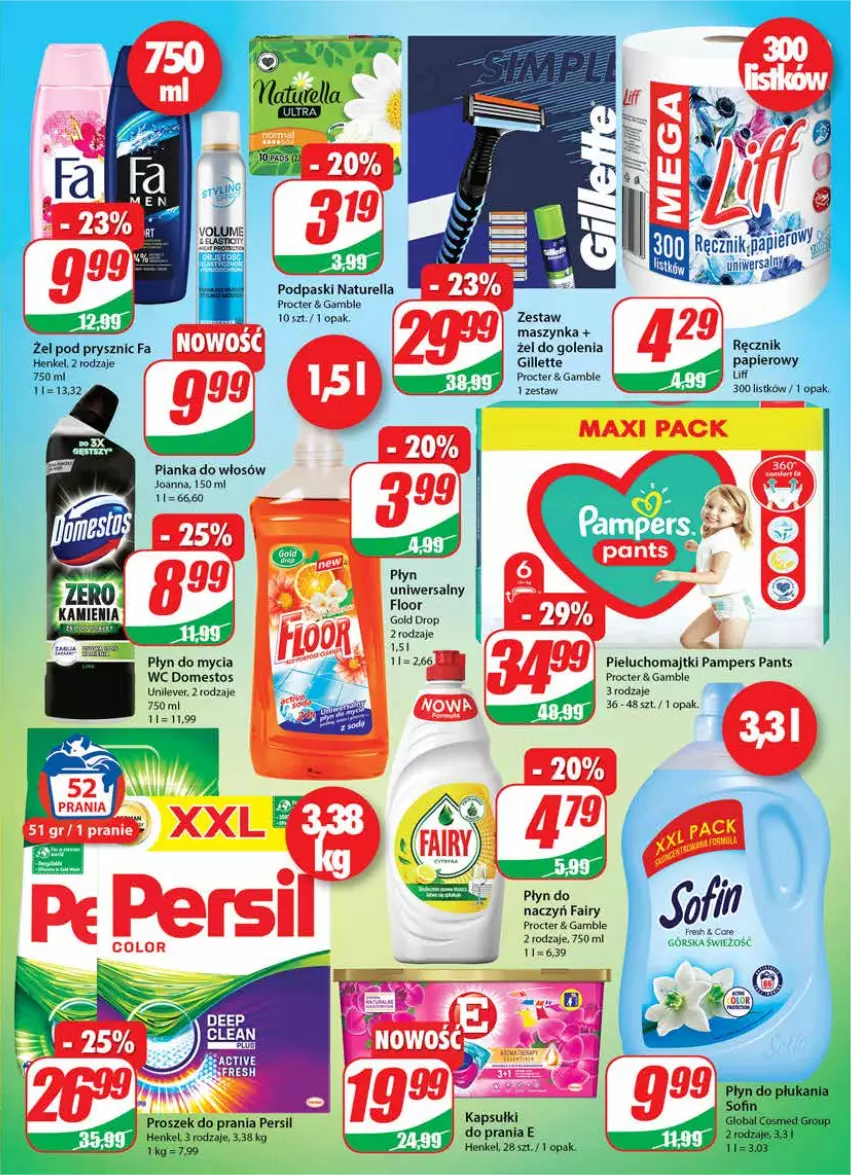 Gazetka promocyjna Dino - Gazetka - ważna 03.11 do 09.11.2021 - strona 19 - produkty: Domestos, Fa, Fairy, Gillette, Joanna, Majtki, Maszynka, Naturell, Naturella, Pampers, Papier, Persil, Pianka do włosów, Pieluchomajtki, Płyn do mycia, Płyn do płukania, Podpaski, Proszek do prania, Ręcznik, Szynka