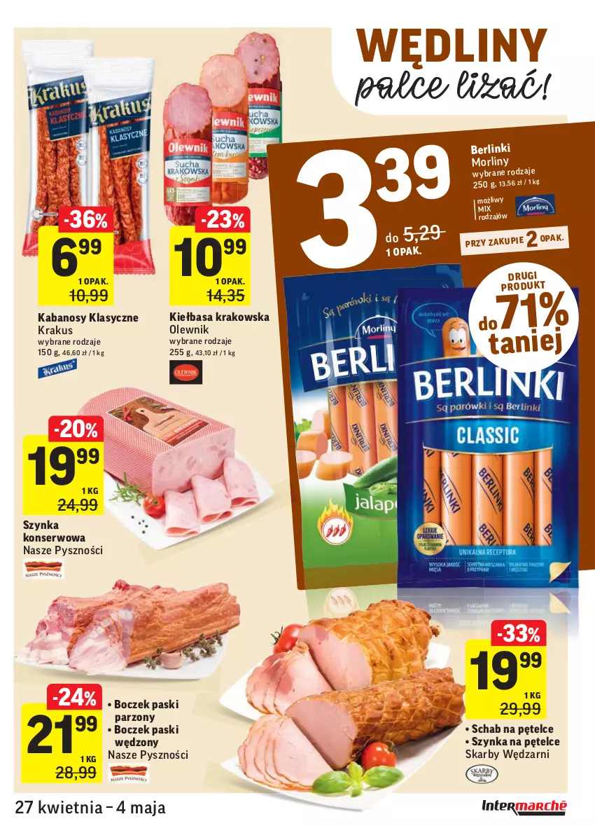 Gazetka promocyjna Intermarche - Grill majowy - ważna 27.04 do 04.05.2021 - strona 25 - produkty: Berlinki, Boczek, Kabanos, Kiełbasa, Kiełbasa krakowska, Krakus, Morliny, Olewnik, Ser, Szynka, Szynka konserwowa