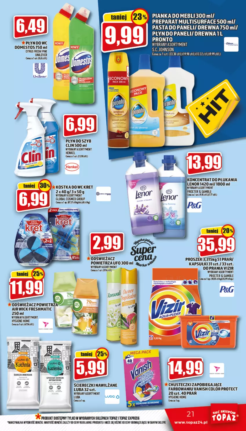 Gazetka promocyjna Topaz - Gazetka - ważna 19.05 do 25.05.2022 - strona 21 - produkty: Chusteczki, Clin, Domestos, Fa, Kostka do wc, Kret, Kuchnia, Lenor, Odświeżacz powietrza, Płyn do szyb, Pronto, Sok, Surf, Top, Vanish, Vizir