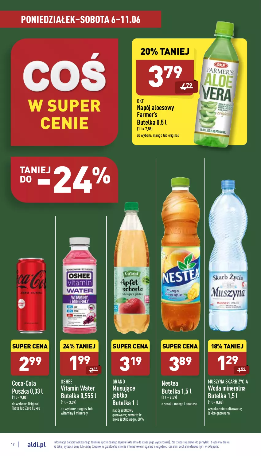 Gazetka promocyjna Aldi - Pełny katalog - ważna 06.06 do 11.06.2022 - strona 10 - produkty: Ananas, Coca-Cola, Fa, Gin, Gra, Magnez, Mango, Mus, Napój, Nestea, Oshee, Sok, Szyna, Woda, Woda mineralna