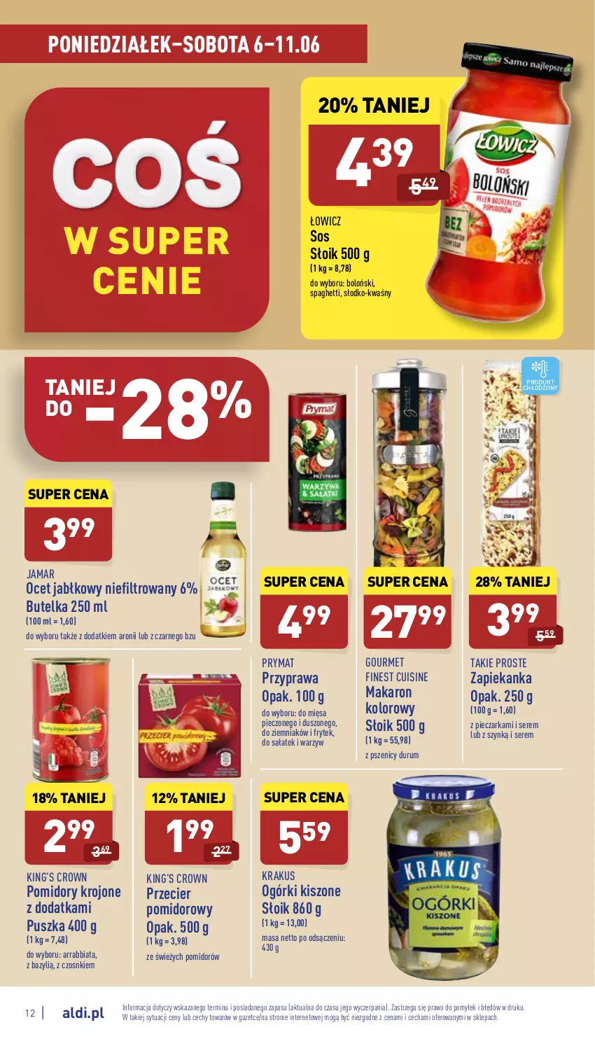 Gazetka promocyjna Aldi - Pełny katalog - ważna 06.06 do 11.06.2022 - strona 12 - produkty: Bazyl, King’s Crown, Krakus, Makaron, Ocet, Piec, Pieczarka, Pomidory, Pomidory krojone, Prymat, Rum, Sałat, Ser, Sos, Spaghetti, Zapiekanka