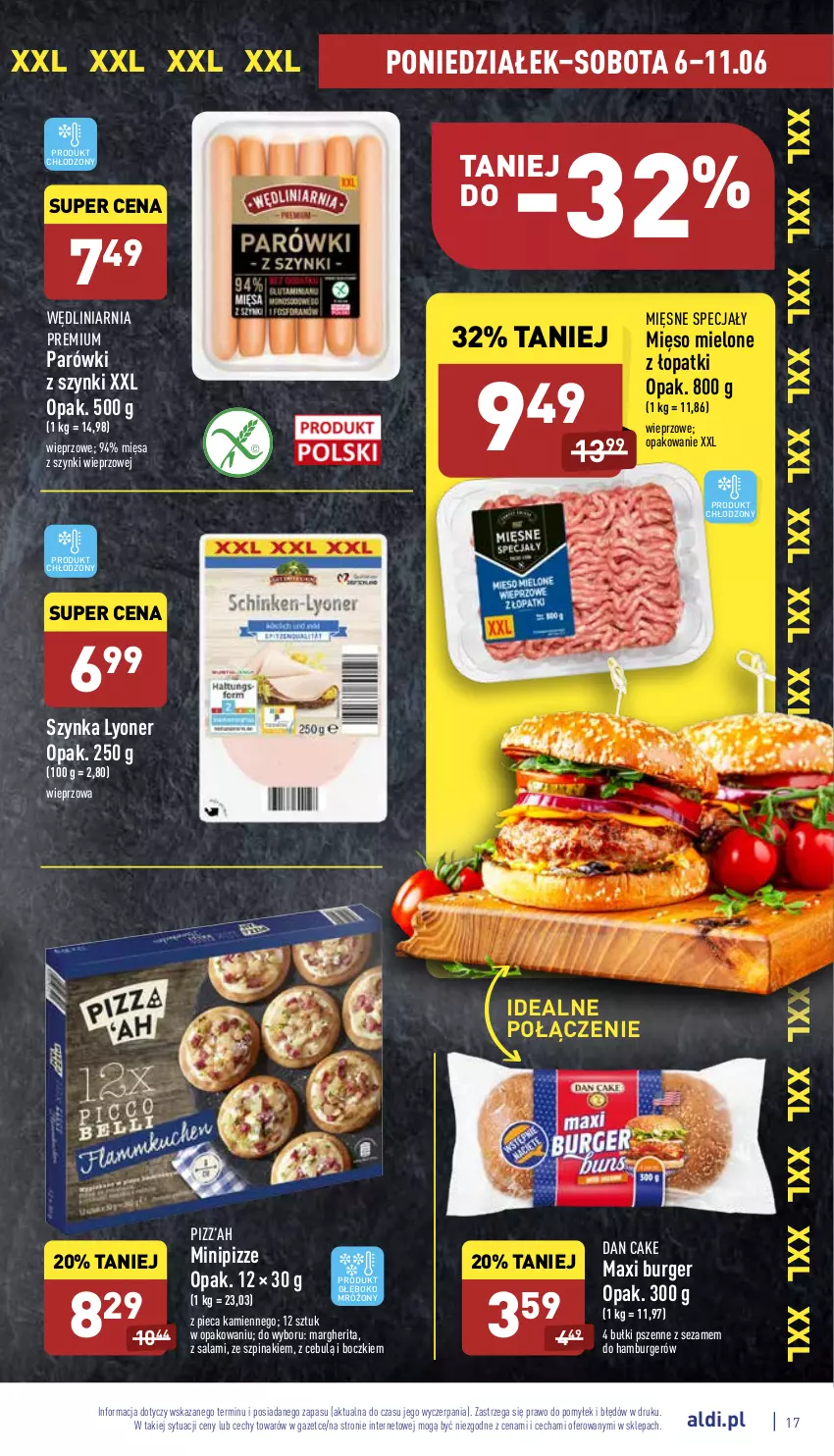 Gazetka promocyjna Aldi - Pełny katalog - ważna 06.06 do 11.06.2022 - strona 17 - produkty: Burger, Dan Cake, Hamburger, Mięsne specjały, Mięso, Mięso mielone, Parówki, Parówki z szynki, Piec, Salami, Sezam, Szpinak, Szynka