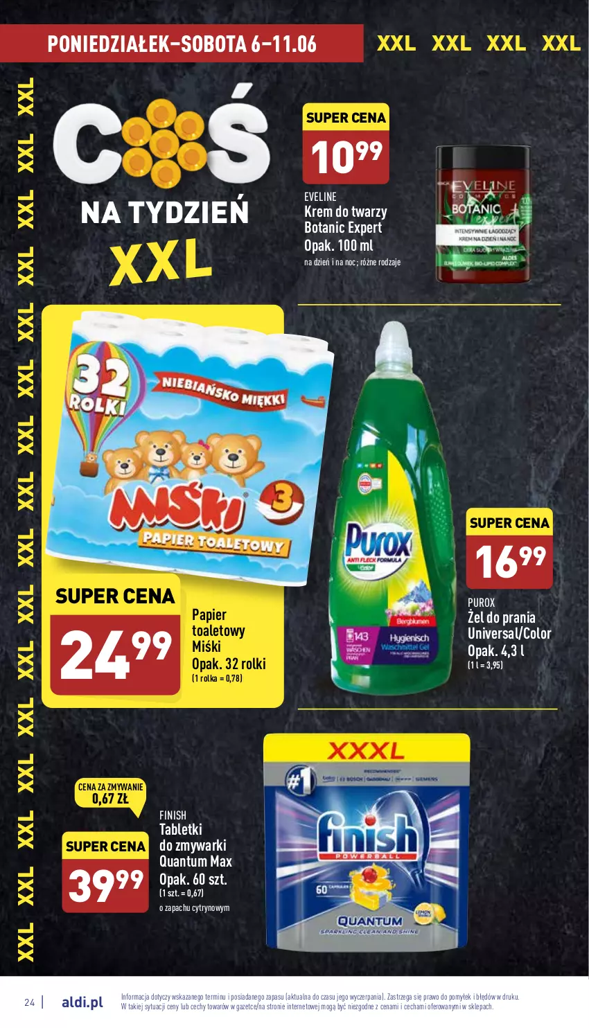 Gazetka promocyjna Aldi - Pełny katalog - ważna 06.06 do 11.06.2022 - strona 24 - produkty: Eveline, Finish, Krem do twarzy, Papier, Papier toaletowy, Pur, Rolki, Tablet, Zmywarki