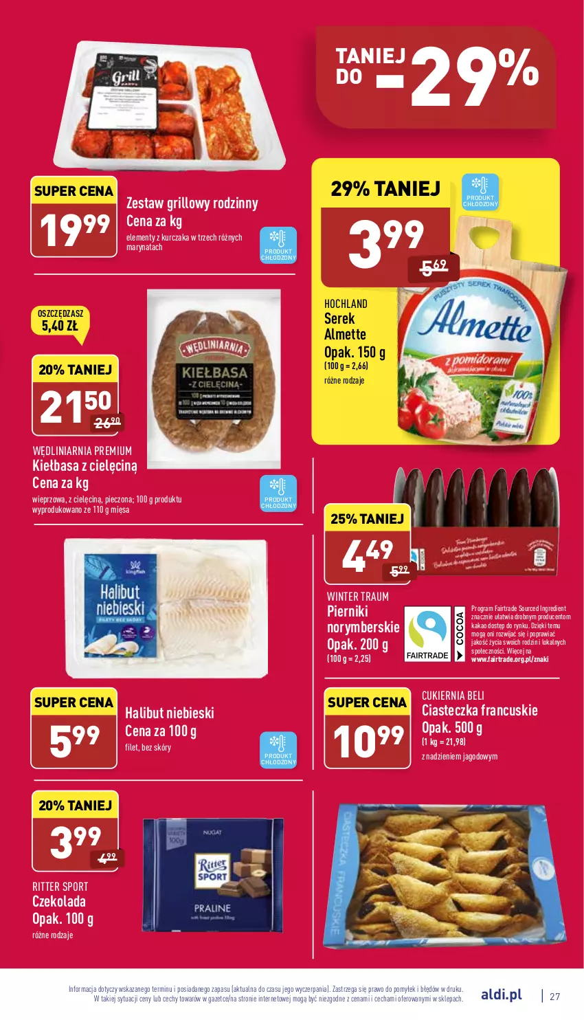 Gazetka promocyjna Aldi - Pełny katalog - ważna 06.06 do 11.06.2022 - strona 27 - produkty: Almette, Cukier, Czekolada, Fa, Gra, Grill, Halibut, Hochland, Kakao, Kiełbasa, Kurczak, Piec, Piernik, Por, Ritter Sport, Ser, Serek, Sport