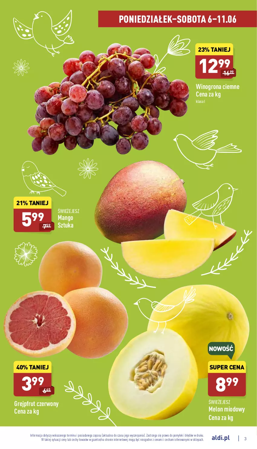 Gazetka promocyjna Aldi - Pełny katalog - ważna 06.06 do 11.06.2022 - strona 3 - produkty: Grejpfrut, Mango, Melon, Wino, Winogrona