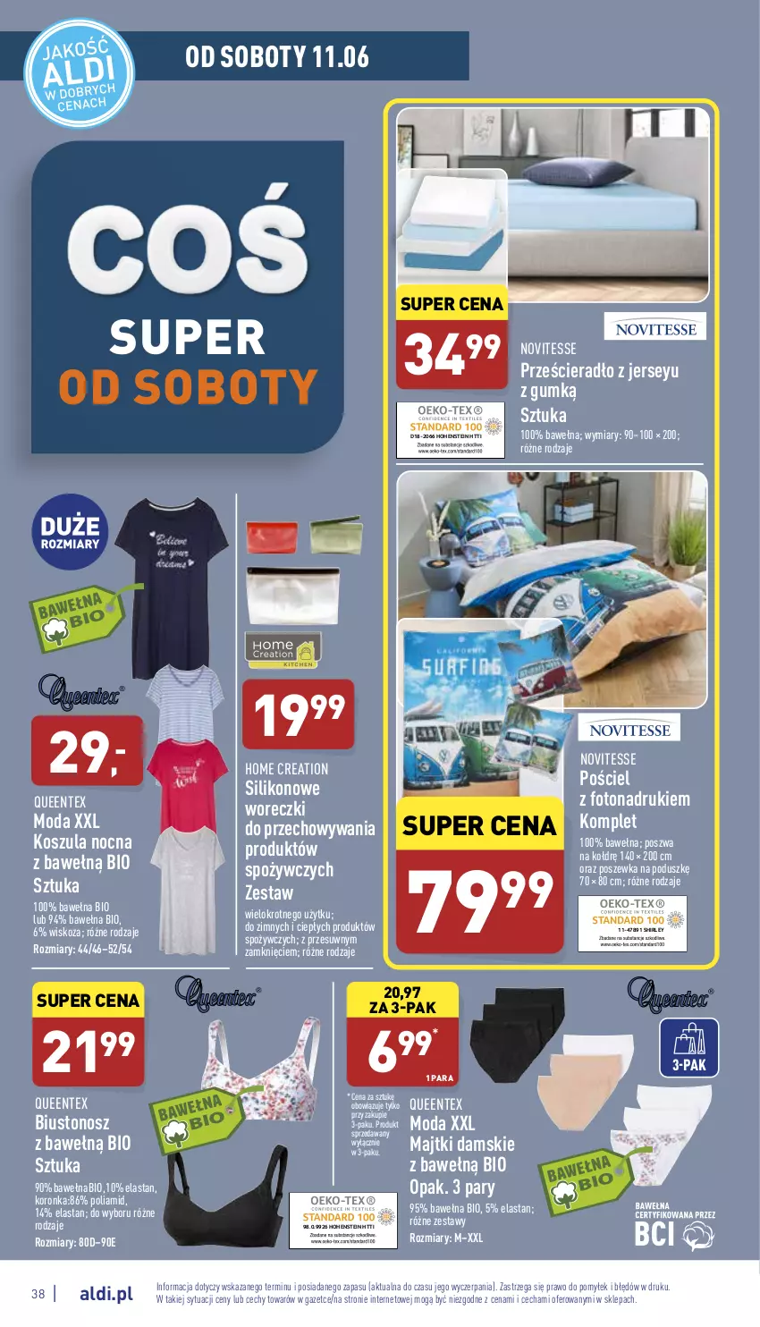 Gazetka promocyjna Aldi - Pełny katalog - ważna 06.06 do 11.06.2022 - strona 38 - produkty: Biustonosz, Kosz, Koszula, Koszula nocna, Majtki, Moda, Pościel, Poszewka, Prześcieradło, Queentex, Wełna