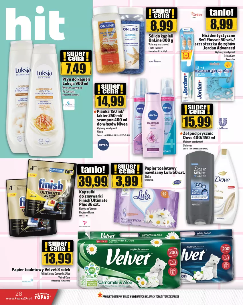 Gazetka promocyjna Topaz - Gazetka - ważna 17.10 do 23.10.2024 - strona 28 - produkty: Dove, Finish, Gin, Gra, Lakier, Luksja, Nivea, Papier, Papier toaletowy, Płyn do kąpieli, Ser, Szampon, Szczoteczka, Szczoteczka do zębów, Top, Velvet, Zmywarki