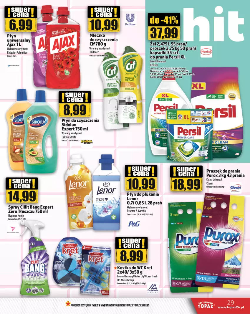 Gazetka promocyjna Topaz - Gazetka - ważna 17.10 do 23.10.2024 - strona 29 - produkty: Ajax, Cień, Cif, Cillit Bang, Colgate, Fa, K2, Kostka do wc, Kret, Lenor, LG, Lovi, Mleczko, Palmolive, Persil, Płyn do płukania, Proszek do prania, Pur, Sidolux, Top