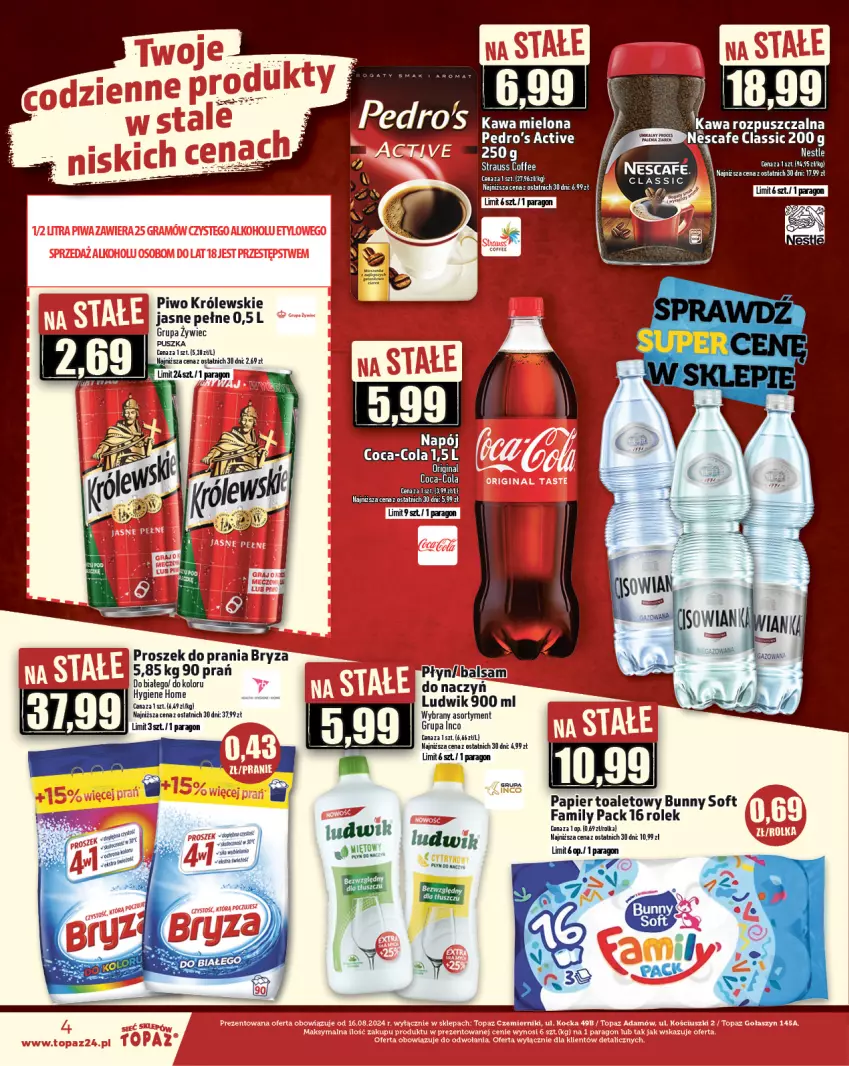 Gazetka promocyjna Topaz - Gazetka - ważna 17.10 do 23.10.2024 - strona 4 - produkty: Bryza, Fa, Kawa, Kawa mielona, Królewski, Ludwik, Papier, Papier toaletowy, Piwo, Proszek do prania