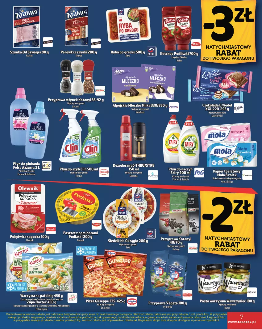 Gazetka promocyjna Topaz - Gazetka - ważna 17.10 do 23.10.2024 - strona 7 - produkty: Clin, Dezodorant, Fa, Fairy, Heinz, Hortex, Kalafior, Ketchup, Milka, Mleczko, Młynek, Mola, Ogród, Olewnik, Papier, Papier toaletowy, Papryka, Pasztet, Pieprz, Pizza, Płyn do płukania, Płyn do szyb, Podravka, Polędwica, Pudliszki, Ryba, SEKO, Str8, Szynka, Top, Vegeta, Warzywa, Zupa