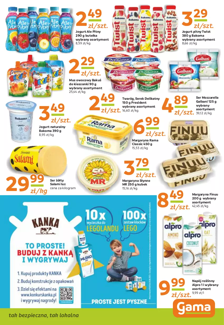 Gazetka promocyjna Gama - Gazetka Gama - ważna 06.06.2022 do 26.05.2023 - strona 7 - produkty: Alpro, Bakoma, Finuu, Galbani, Gra, Jogurt, Jogurt naturalny, Jogurt pitny, Kubek, Margaryna, Mozzarella, Mus, Napój, Napój roślinny, Piec, Rama, Salami, Ser, Serek, Słynne, Twaróg