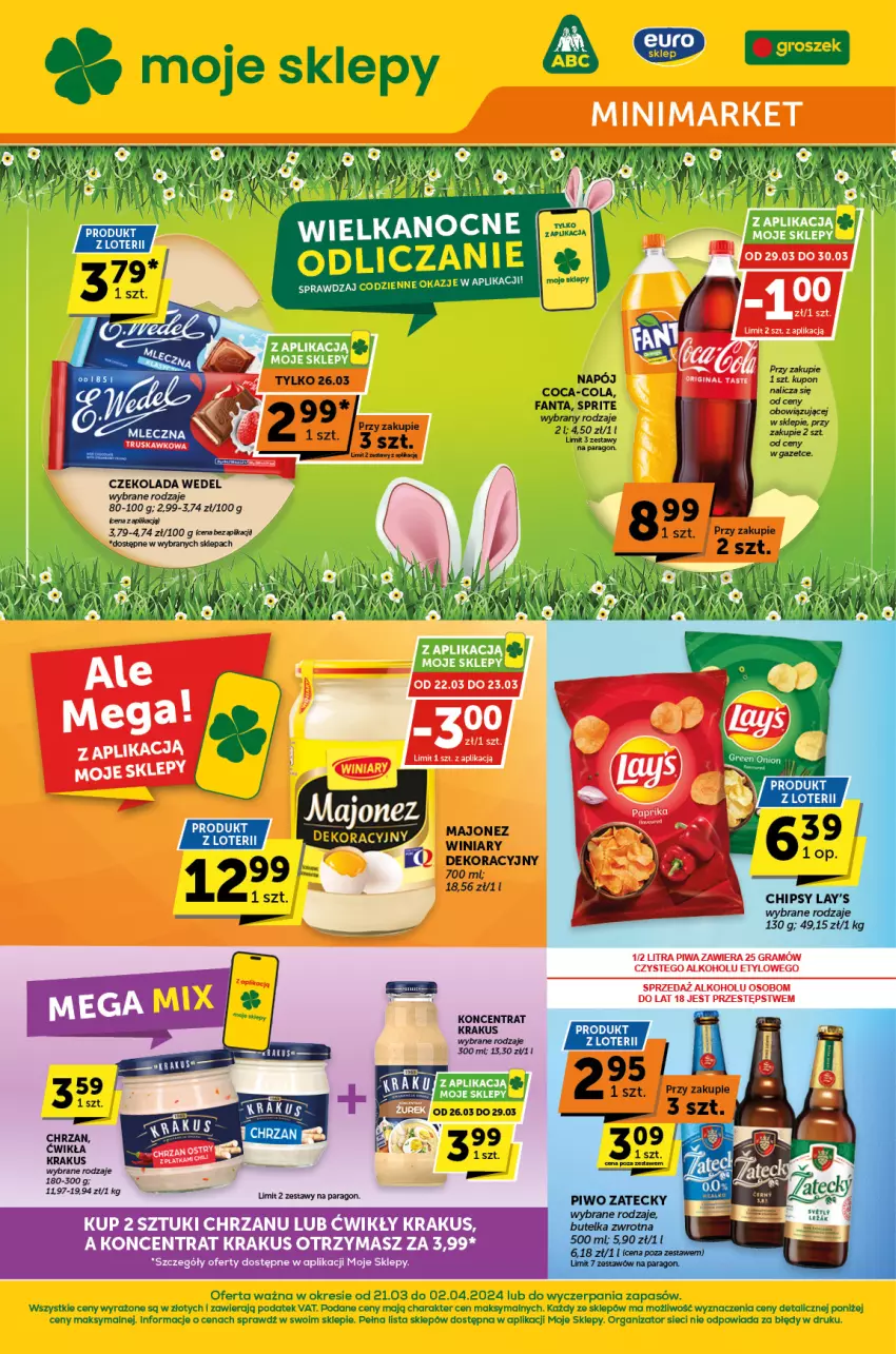 Gazetka promocyjna ABC - ważna 21.03 do 02.04.2024 - strona 1 - produkty: Chrzan, Coca-Cola, Czekolada, Fa, Fanta, Gra, Krakus, Majonez, Napój, Piwa, Piwo, Sprite, Winiary