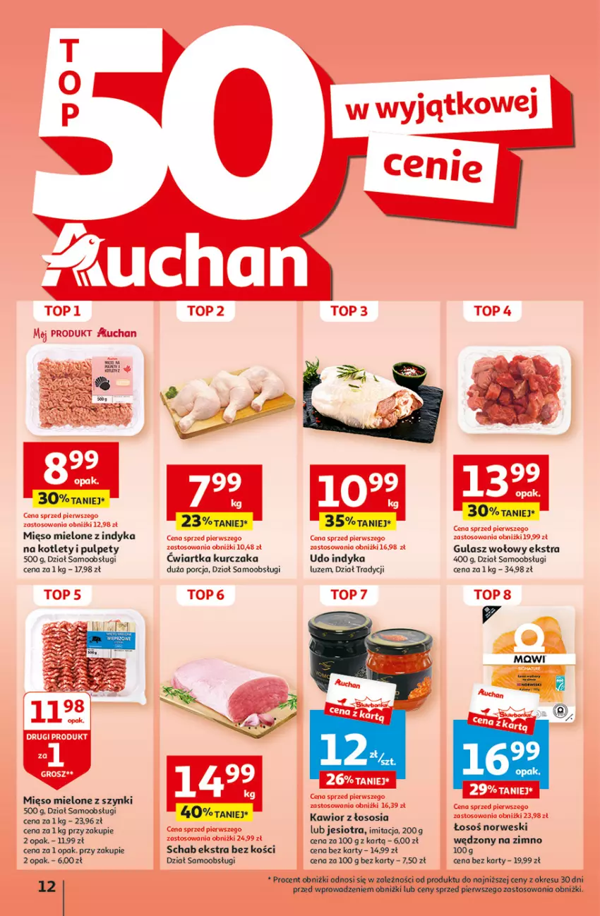 Gazetka promocyjna Auchan - Gazetka Aktywność na świeżym powietrzu! Hipermarket Auchan - ważna 11.04 do 17.04.2024 - strona 12 - produkty: Gulasz wołowy, Kawior, Kotlet, Kurczak, Mięso, Mięso mielone, Mięso mielone z szynki, Por, Pulpety, Sos, Top