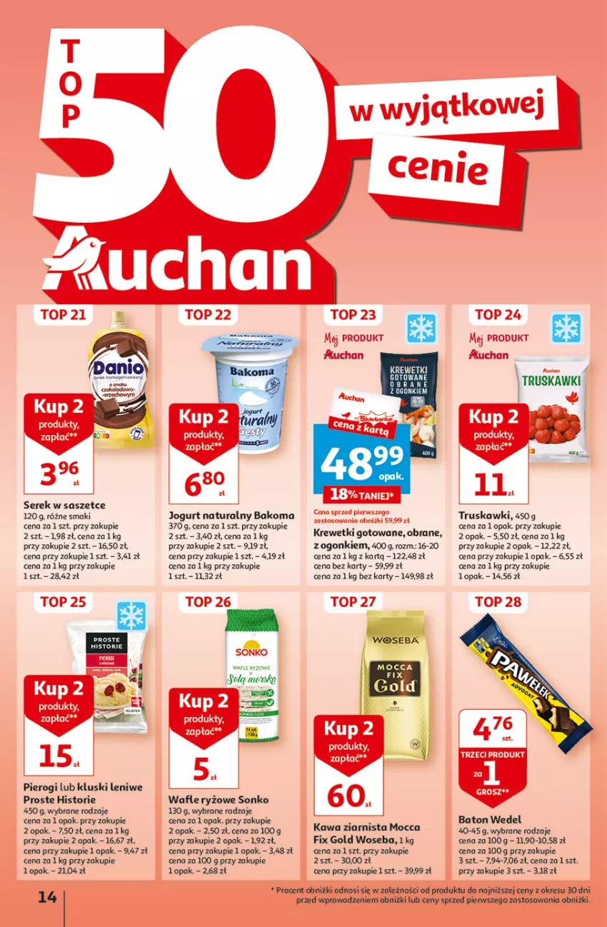 Gazetka promocyjna Auchan - Gazetka Aktywność na świeżym powietrzu! Hipermarket Auchan - ważna 11.04 do 17.04.2024 - strona 14 - produkty: Bakoma, Baton, Jogurt, Jogurt naturalny, Kawa, Kawa ziarnista, Krewetki, Mocca Fix Gold, Pierogi, Ryż, Ser, Serek, Sonko, Top, Truskawki, Wafle, Woseba