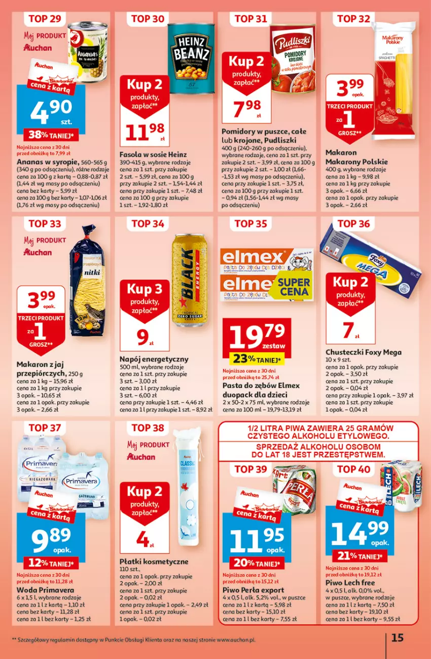 Gazetka promocyjna Auchan - Gazetka Aktywność na świeżym powietrzu! Hipermarket Auchan - ważna 11.04 do 17.04.2024 - strona 15 - produkty: Ananas, Chusteczki, Dzieci, Elmex, Fa, Fasola, Foxy, Gra, Heinz, Makaron, Napój, Napój energetyczny, Pasta do zębów, Perła, Piwa, Piwo, Płatki kosmetyczne, Pomidory, Por, Prima, Primavera, Pudliszki, Sos, Syrop, Top, Woda