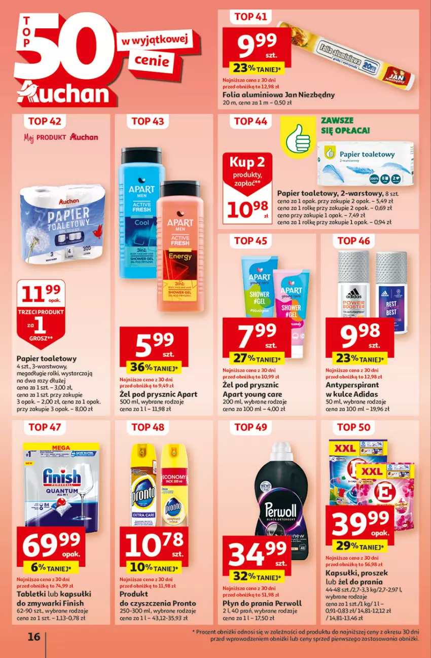 Gazetka promocyjna Auchan - Gazetka Aktywność na świeżym powietrzu! Hipermarket Auchan - ważna 11.04 do 17.04.2024 - strona 16 - produkty: Adidas, Antyperspirant, Finish, Folia aluminiowa, Inka, Jan Niezbędny, Papier, Papier toaletowy, Perwoll, Płyn do prania, Pronto, Rolki, Tablet, Top, Zmywarki