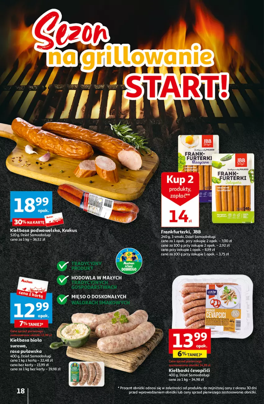 Gazetka promocyjna Auchan - Gazetka Aktywność na świeżym powietrzu! Hipermarket Auchan - ważna 11.04 do 17.04.2024 - strona 18 - produkty: Fa, Frankfurterki, Kiełbasa, Kiełbasa biała, Krakus, Mięso, Wawel