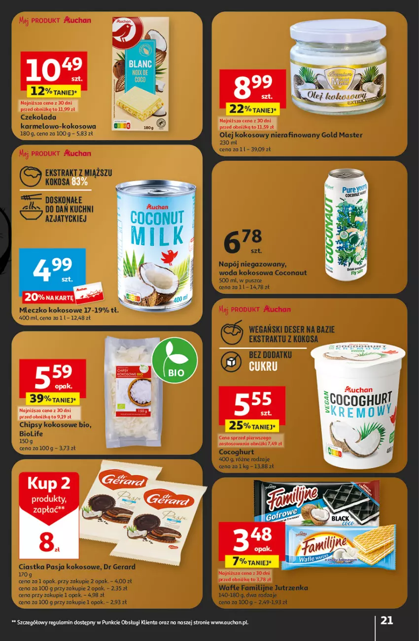 Gazetka promocyjna Auchan - Gazetka Aktywność na świeżym powietrzu! Hipermarket Auchan - ważna 11.04 do 17.04.2024 - strona 21 - produkty: Chipsy, Ciastka, Czekolada, Deser, Dr Gerard, Fa, Jutrzenka, Kokos, Mleczko, Napój, Napój niegazowany, Ser, Wafle, Woda