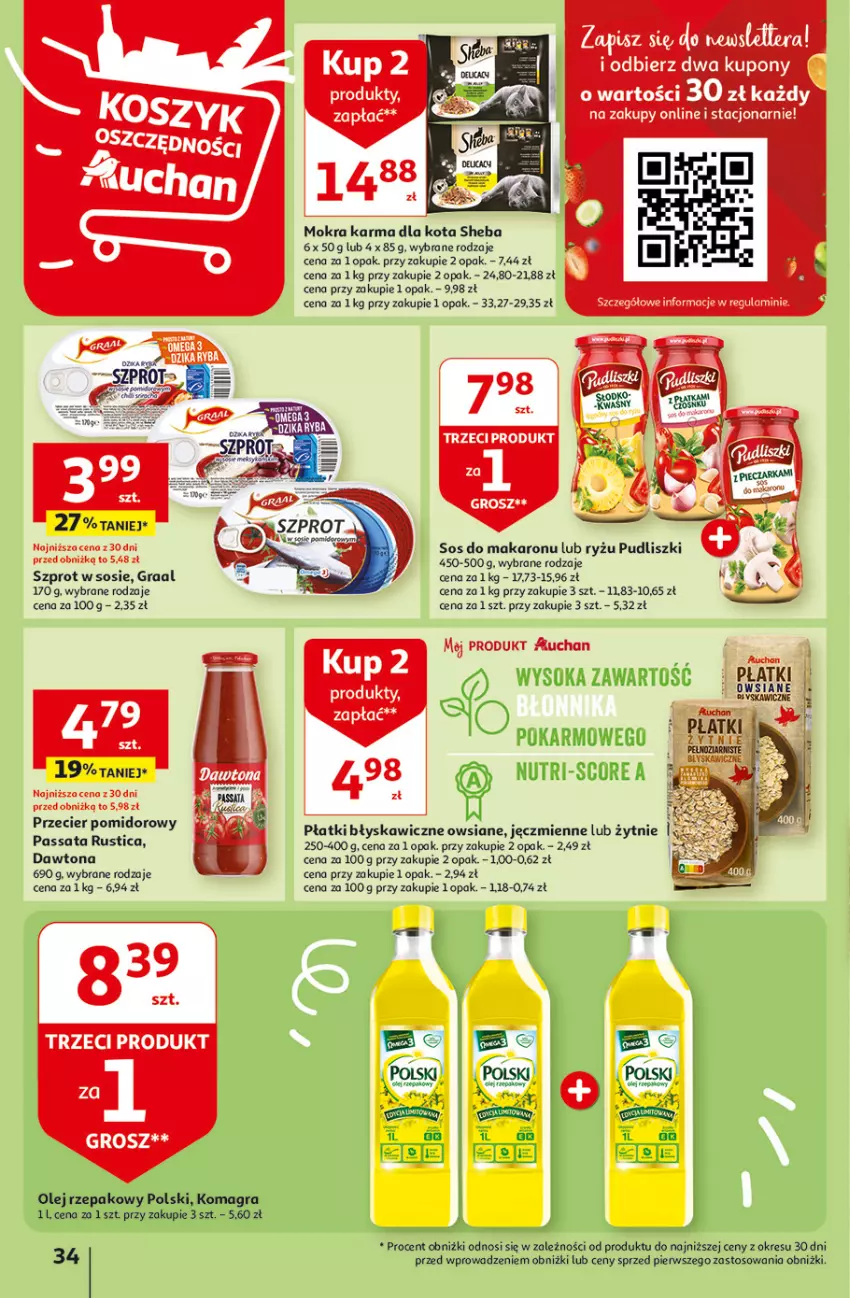 Gazetka promocyjna Auchan - Gazetka Aktywność na świeżym powietrzu! Hipermarket Auchan - ważna 11.04 do 17.04.2024 - strona 34 - produkty: Dawtona, Gra, Graal, Makaron, Mokra karma, Pudliszki, Rust, Ryż, Sheba, Sok, Sos, Sos do makaronu, Szprot, Szprot w sosie