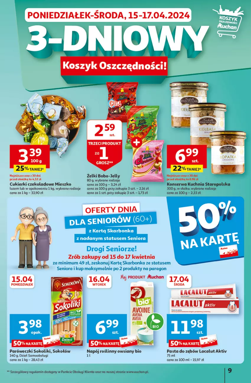 Gazetka promocyjna Auchan - Gazetka Aktywność na świeżym powietrzu! Hipermarket Auchan - ważna 11.04 do 17.04.2024 - strona 9 - produkty: Cukier, Cukierki, Cukierki czekoladowe, Fa, Kosz, Kuchnia, Kuchnia Staropolska, Lacalut, Napój, Napój roślinny, Pasta do zębów, Ser, Sok, Sokołów