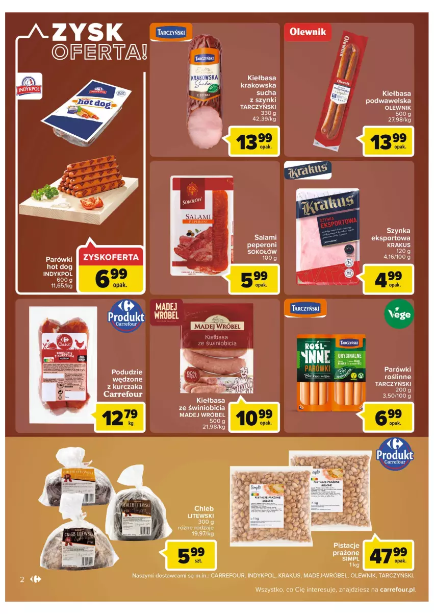 Gazetka promocyjna Carrefour - Gazetka Market - ważna 31.05 do 11.06.2022 - strona 2 - produkty: BIC, Chleb, Gin, Hot dog, Kiełbasa, Krakus, Kurczak, LG, Madej Wróbel, Olewnik, Parówki, Parówki hot dog, Salami, Sok, Sokołów, Szynka, Tarczyński, Wawel