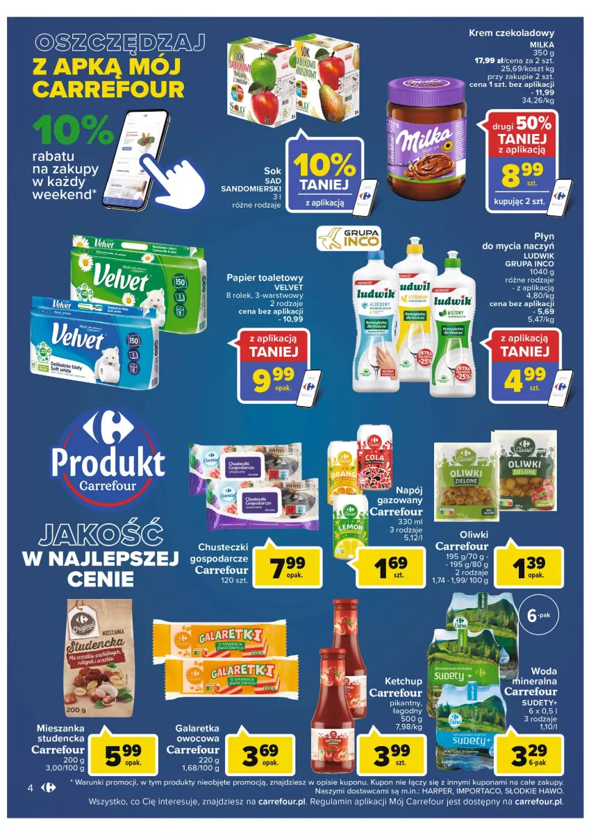 Gazetka promocyjna Carrefour - Gazetka Market - ważna 31.05 do 11.06.2022 - strona 4 - produkty: Chusteczki, Do mycia naczyń, Gala, Galaretka, Ketchup, Kosz, Mieszanka studencka, Milka, Napój, Olej, Oliwki, Papier, Papier toaletowy, Por, Velvet, Woda