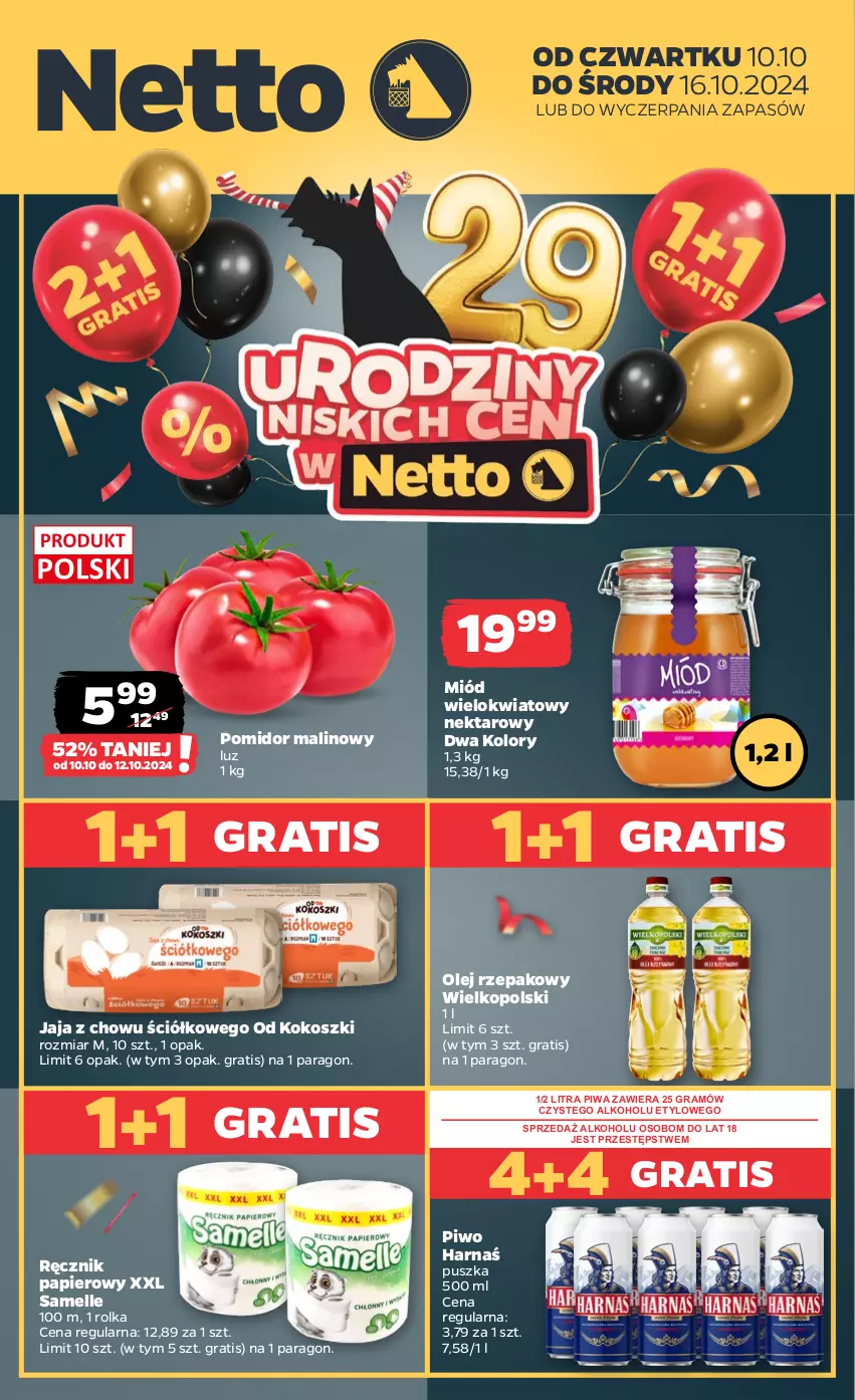 Gazetka promocyjna Netto - Artykuły spożywcze - ważna 10.10 do 16.10.2024 - strona 1 - produkty: Gra, Harnaś, Jaja, Kokos, Kosz, Miód, Nektar, Olej, Olej rzepakowy, Papier, Piwa, Piwo, Pomidor malinowy, Ręcznik