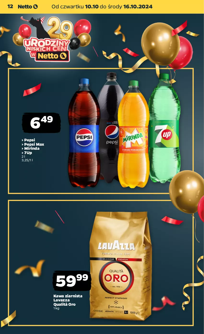 Gazetka promocyjna Netto - Artykuły spożywcze - ważna 10.10 do 16.10.2024 - strona 12 - produkty: 7up, Kawa, Kawa ziarnista, Lavazza, Mirinda, Pepsi, Pepsi max