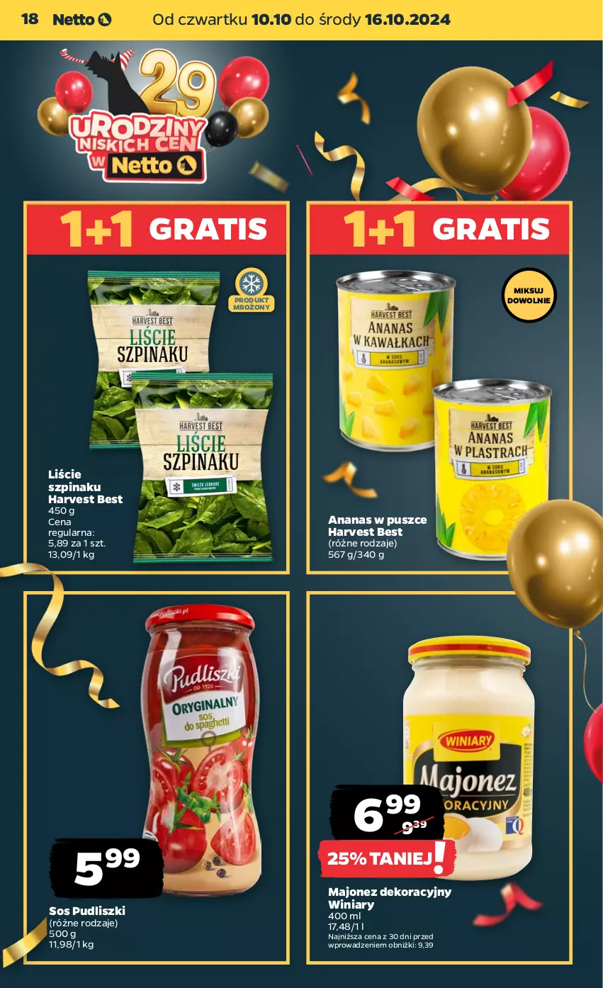 Gazetka promocyjna Netto - Artykuły spożywcze - ważna 10.10 do 16.10.2024 - strona 18 - produkty: Ananas, Gra, Majonez, Pudliszki, Sos, Szpinak, Winiary