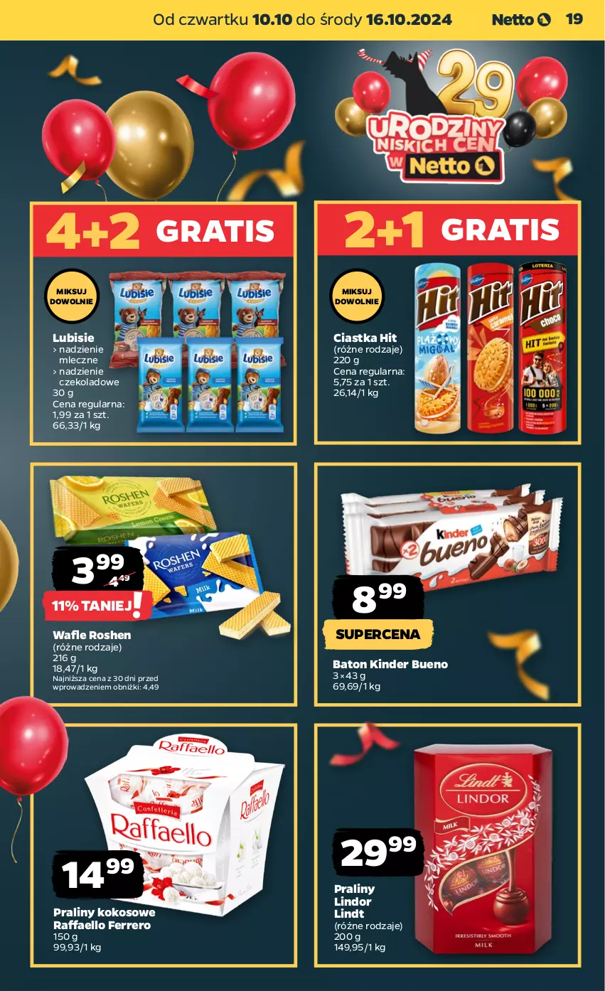 Gazetka promocyjna Netto - Artykuły spożywcze - ważna 10.10 do 16.10.2024 - strona 19 - produkty: Baton, Ciastka, Fa, Ferrero, Gra, Kinder, Kinder Bueno, Kokos, Lindor, Lindt, Lubisie, Praliny, Raffaello