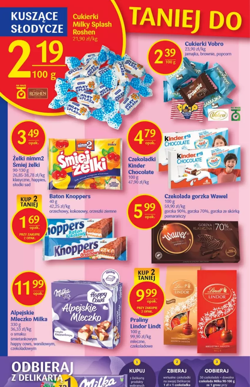 Gazetka promocyjna Delikatesy Centrum - Gazetka DC42 - ważna 27.10 do 02.11.2022 - strona 22 - produkty: Baton, Brownie, Cukier, Cukierki, Czekolada, Czekolada gorzka, Kinder, Knoppers, Kokos, Lindt, Milka, Mleczko, Nimm2, Orzeszki, Orzeszki ziemne, Popcorn, Praliny, Wawel