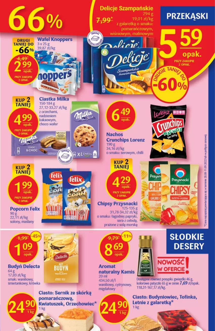 Gazetka promocyjna Delikatesy Centrum - Gazetka DC42 - ważna 27.10 do 02.11.2022 - strona 23 - produkty: Budyń, Chipsy, Crunchips, Delecta, Deser, Felix, Gala, Inka, Kakao, Kamis, Knoppers, Lorenz, Milka, Popcorn, Przysnacki, Ser, Tusz