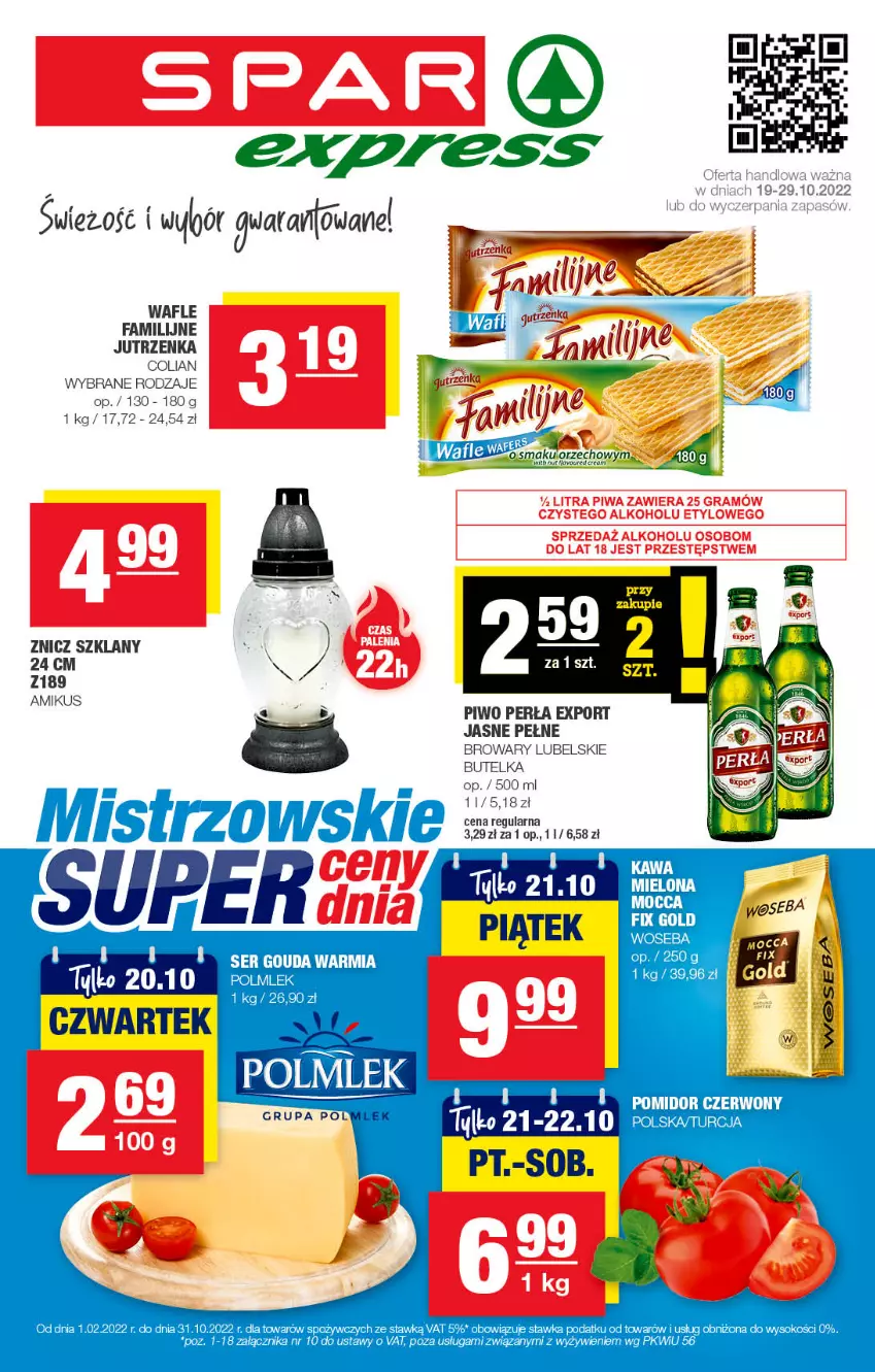 Gazetka promocyjna Spar - SparExpress - ważna 16.10 do 26.10.2022 - strona 1 - produkty: Fa, Jutrzenka, Perła, Piwo, POLMLEK, Por, Sok, Wafle, Woseba, Znicz