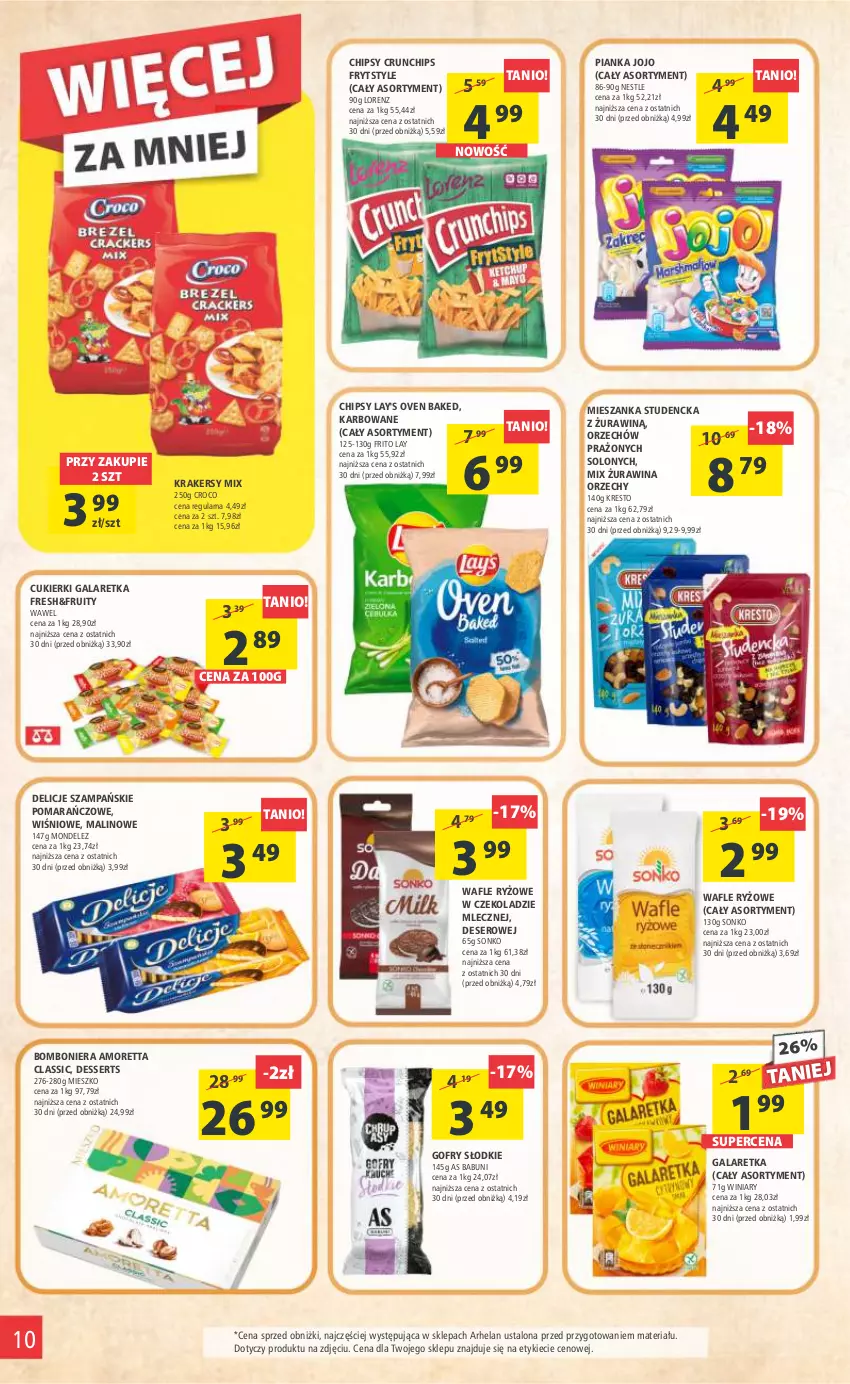 Gazetka promocyjna Arhelan - Gazetka - ważna 19.05 do 28.05.2023 - strona 10 - produkty: Babuni, Bomboniera, Chipsy, Crunchips, Cukier, Cukierki, Delicje, Deser, Gala, Galaretka, Gofry, Krakersy, Lorenz, Mieszanka studencka, Ryż, Ser, Sonko, Wafle, Wawel, Winiary