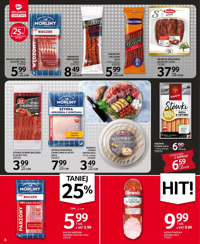 Gazetka promocyjna Selgros - Oferta spożywcza - ważna 06.10 do 19.10.2022 - strona 8 - produkty: Boczek, Hummus, Kabanos, Kiełbasa, Kurczak, Mus, Parówki, Szynka