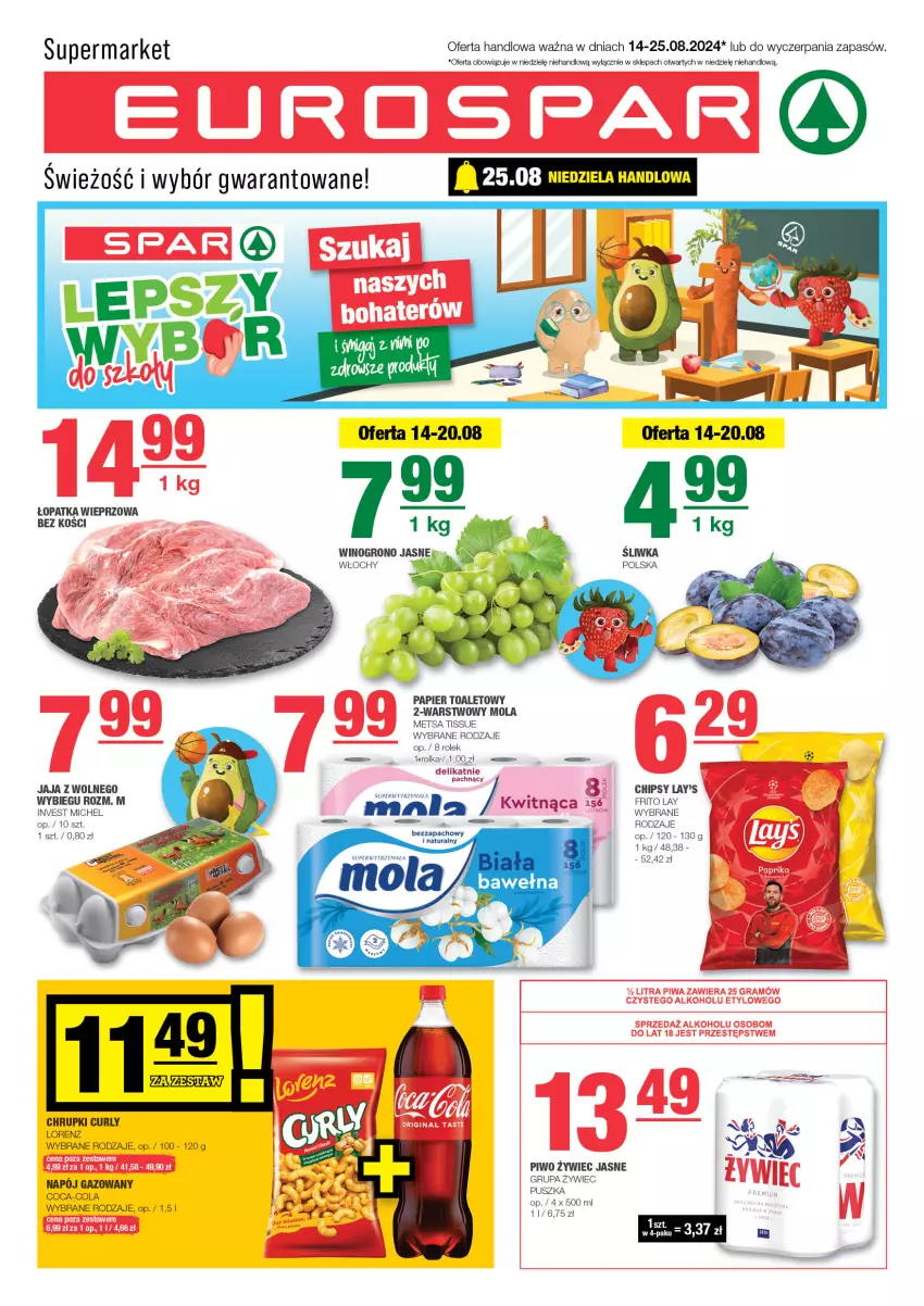 Gazetka promocyjna Spar - EuroSpar - ważna 11.08 do 21.08.2024 - strona 1 - produkty: Chipsy, Chrupki, Coca-Cola, Jaja, Jaja z wolnego wybiegu, Lorenz, Mola, Napój, Napój gazowany, Papier, Papier toaletowy, Piwo, Wino