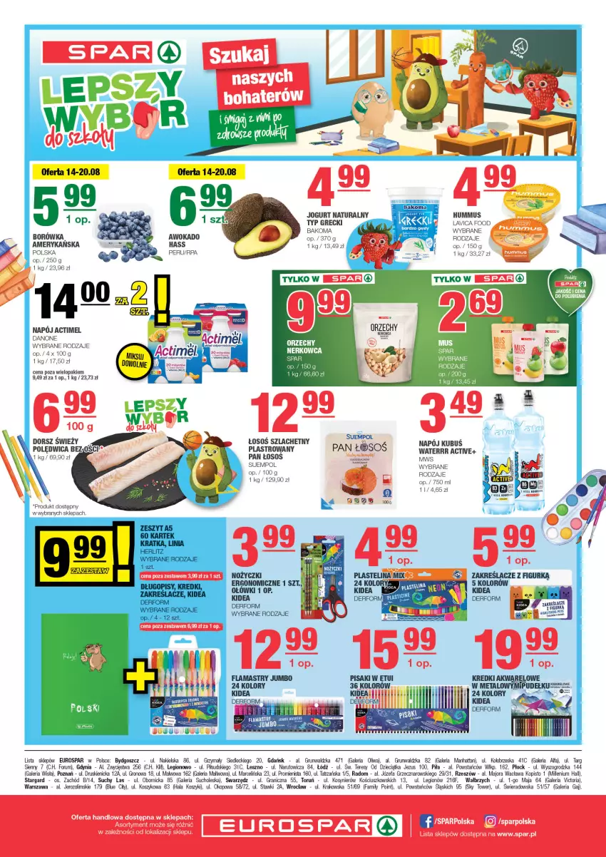 Gazetka promocyjna Spar - EuroSpar - ważna 11.08 do 21.08.2024 - strona 8 - produkty: Actimel, Bakoma, Borówka, Danone, Dorsz, Dzieci, Fa, Flamastry, Gra, Hummus, Jogurt, Jogurt naturalny, Kosz, Kubuś, Mus, Napój, Noż, Nożyczki, Polędwica, Rum, Suempol