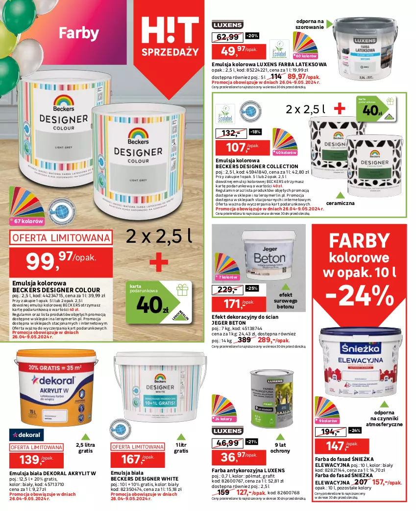 Gazetka promocyjna Leroy Merlin - Gazetka Leroy Merlin - ważna 26.04 do 21.05.2024 - strona 10 - produkty: Beckers, Dekoral, Designer Colour, Drzwi, Dywan, Emulsja, Fa, Farba lateksowa, Firana, Gra, Karnisz, Listwa, Luxens, Por, Poszewka, Roleta, Ser, Szyna, Szyny, Zasłona