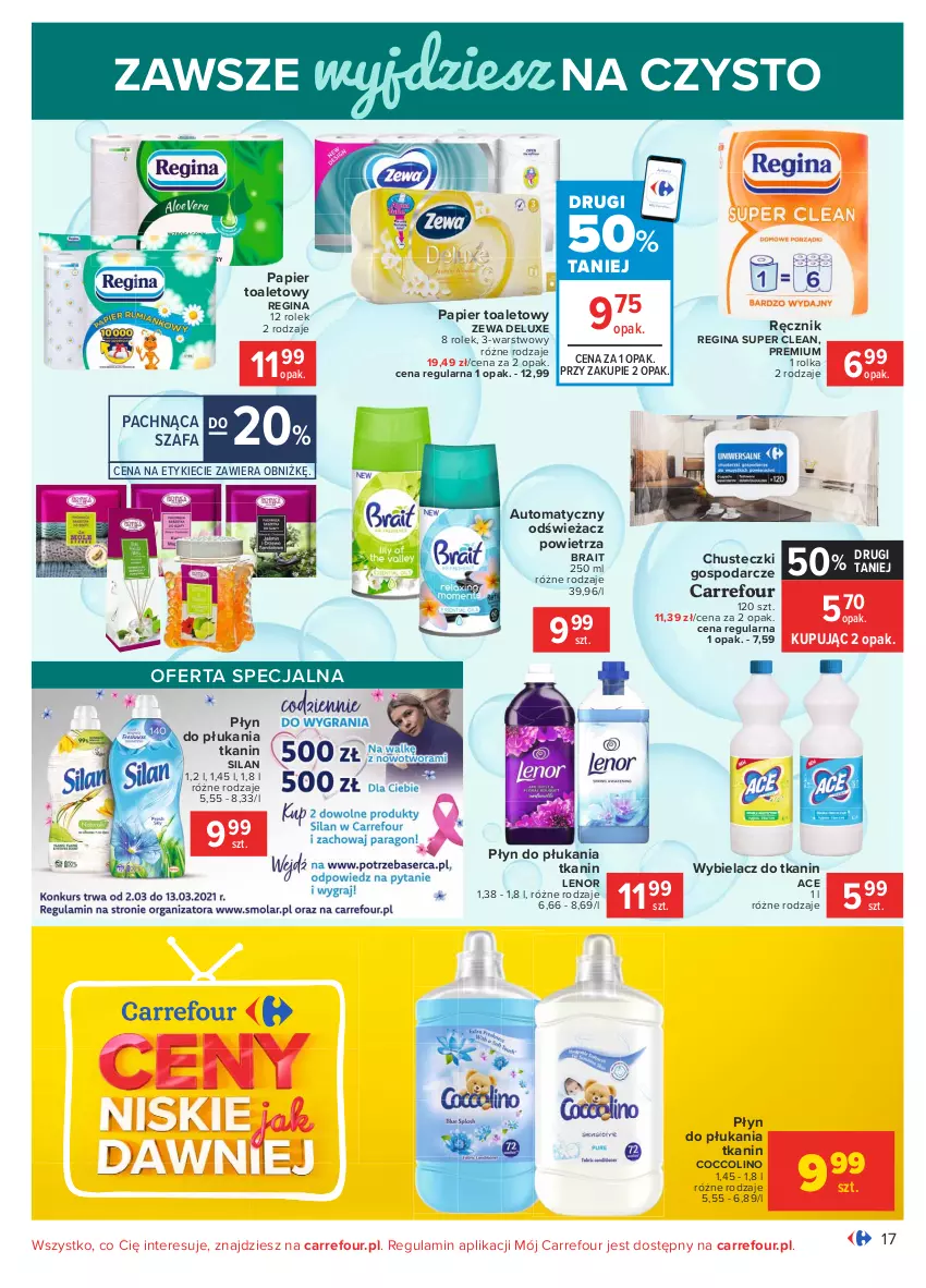 Gazetka promocyjna Carrefour - Gazetka Carrefour - ważna 01.03 do 13.03.2021 - strona 17 - produkty: Chusteczki, Coccolino, Fa, Gin, Lenor, Odświeżacz powietrza, Papier, Papier toaletowy, Płyn do płukania, Por, Ręcznik, Silan, Szafa