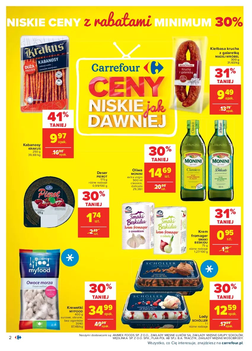 Gazetka promocyjna Carrefour - Gazetka Carrefour - ważna 01.03 do 13.03.2021 - strona 2 - produkty: Deser, Gala, Gin, Inka, Kabanos, Kiełbasa, Kiełbasa krucha, Krakus, Krewetki, Lody, Madej Wróbel, Monini, Ser, Sok, Sokołów