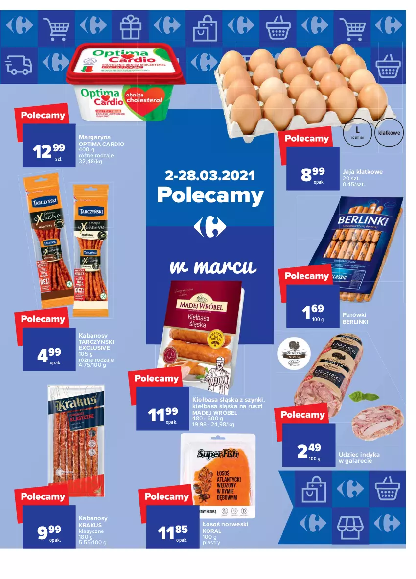 Gazetka promocyjna Carrefour - Gazetka Carrefour - ważna 01.03 do 13.03.2021 - strona 39 - produkty: Berlinki, Gala, Jaja, Kabanos, Kiełbasa, Kiełbasa śląska, Krakus, Madej Wróbel, Margaryna, Optima, Optima Cardio, Parówki, Tarczyński